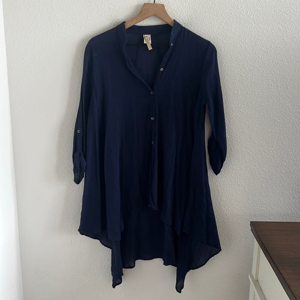 XCVI Gauzy Crinkle 100% Cotton Tunic Top Button Front Roll Tab Sleeve Oversize S